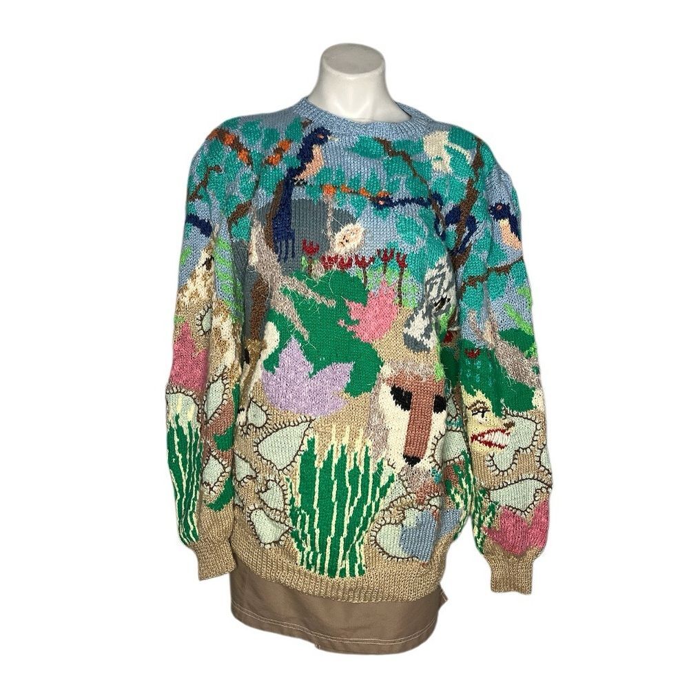 MABEL’S Colorful Sweater Crew Neck Pastel Animals Scenic Novelty Top VINTAGE 80s